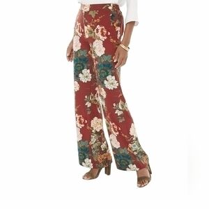 Chicos Womens Palazzo Pants Brown Floral Elastic Waist Pocket Flat Front 14R New